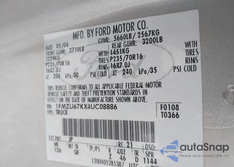 2004 Ford Explorer Sport Trac Adrenalin/Xls/Xlt z USA, uszkodzony, nr VIN 1FMZU67KX4UC08886